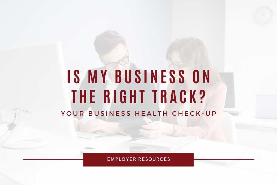 "Is My Business On the Right Track? Your Business Health Check-Up" text overlay on a background of two employees sitting down speaking to each other